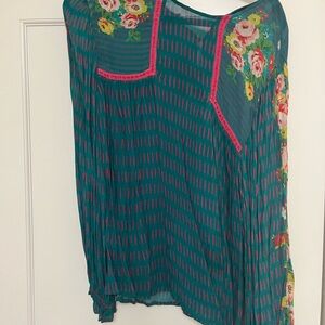Anthropologie Teal and Pink Floral Blouse